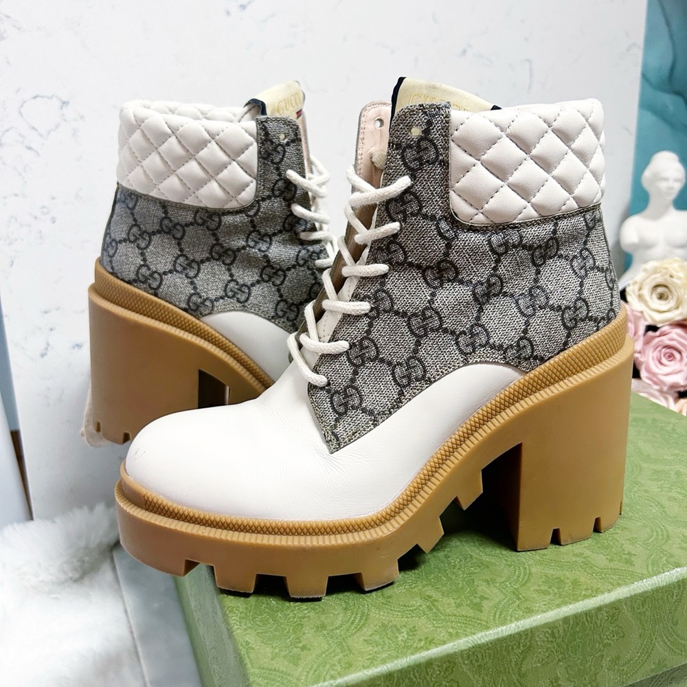 Aurhentic Gucci Supreme Monogram Trip Combat Heeled Boots - Picture 6 of 15